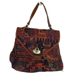 Hat-Men Co Tapestry Handbag Purse Made Turkey Boho Leather Handle 10"x9"x4" EUC